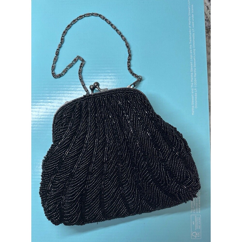 Heavy Beaded Flapper Handbag Clutch Black Beads Silver Metal Strap Seashell